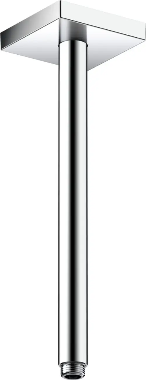 Chromfarbener Deckenanschluss mit quadratischer Halterung und integriertem Rohr, geeignet für die Montage von Duschkopf-Systemen. AXOR-Design.